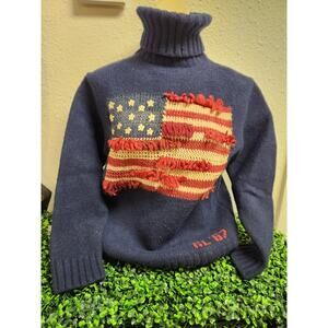 POLO RALPH LAUREN TURTLENECK SWEATER Fringe American Flag-Medium-Wool-Vintage